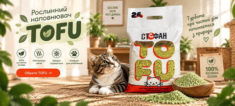 Кіт поруч з упаковкою наповнювача Стефан TOFU