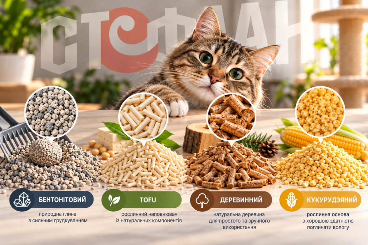 Бентонітовий, TOFU, деревний та кукурудзяний наповнювачі для котячого туалету Стефан