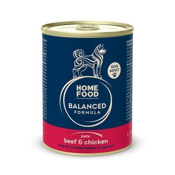 Повнораціонний вологий корм HOME FOOD для дорослих собак &mdash; Паштет з яловичиною та куркою, 360 г